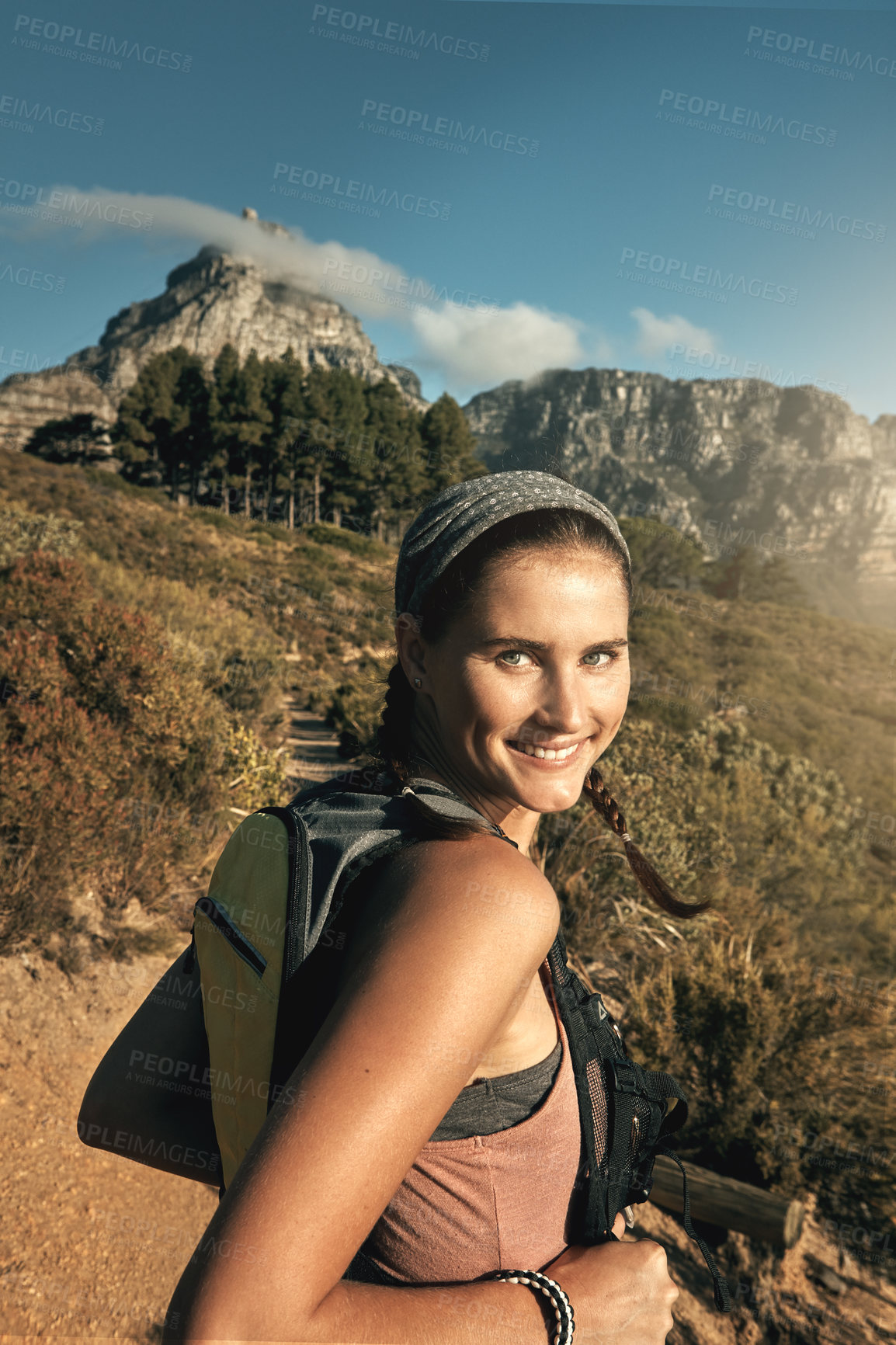 Buy stock photo Portrait, hike and woman with nature, travel and outdoor for adventure, mountain and journey. Person, hiker and healthy girl with environment, energy and cardio with vacation, wellness and fitness