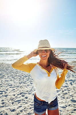 Buy stock photo Cropped shot of an attractive young woman on the beach