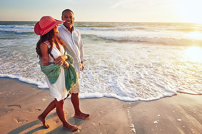 Buy stock photo Couple, beach and walking in sunset with love for summer holiday, vacation or travel in USA. Young people talking of date, anniversary or valentines day by ocean waves and sand for romance mockup