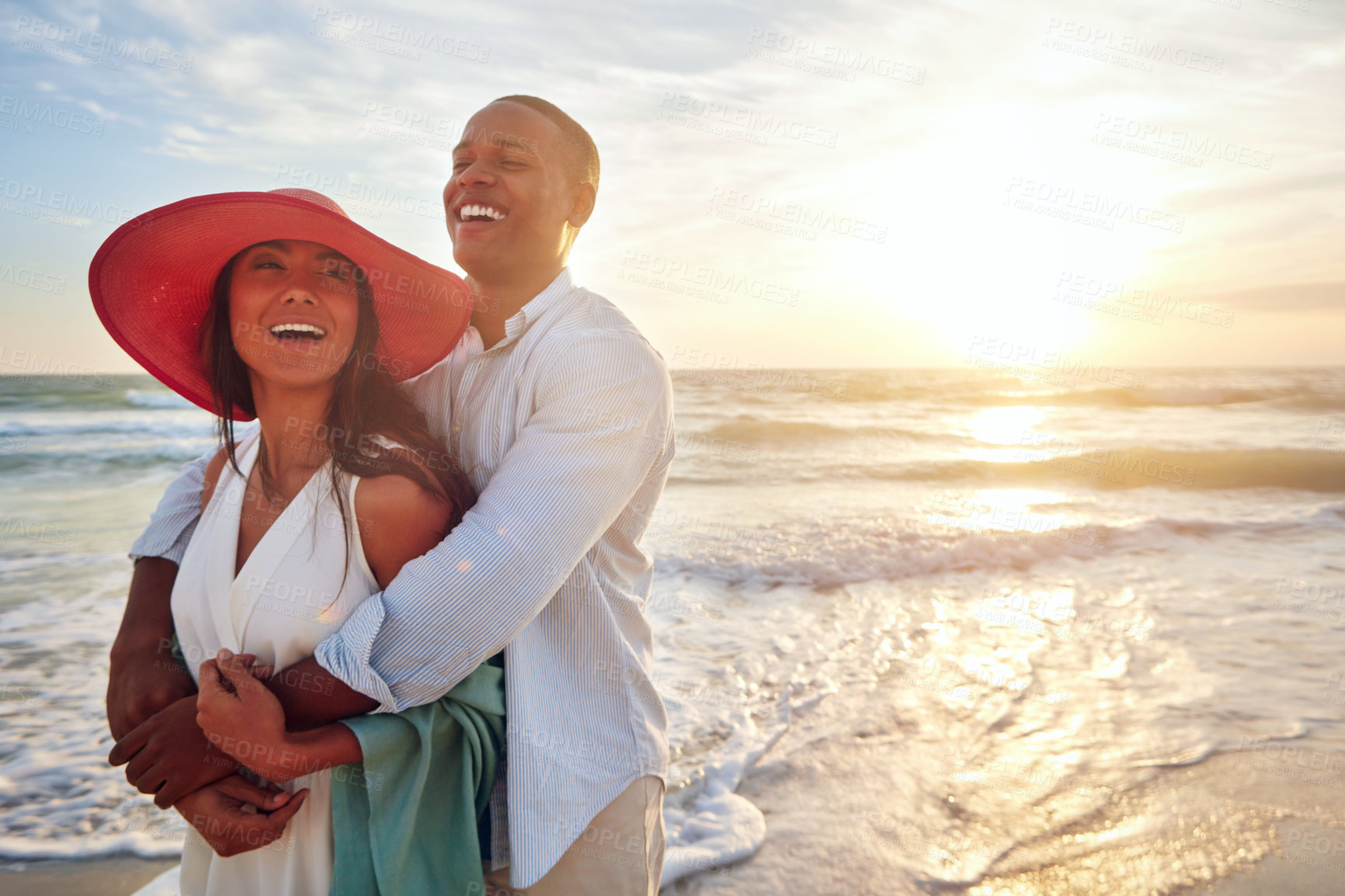 Buy stock photo Happy couple, beach and hug in sunset with love for summer holiday, vacation or travel in USA by ocean mockup. Black people bonding with care and excited for anniversary, romance and valentines day