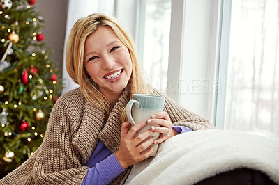 Buy stock photo Christmas, happy woman and coffee on home sofa with smile while thinking of memory. Portrait of lady with hot chocolate or tea cup to relax for festive holiday, season or winter vacation celebration