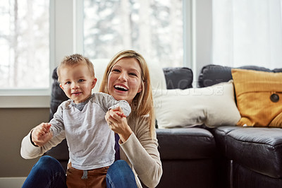 Buy stock photo Baby, development and mother in house with walking or growth of child for first steps in portrait. Toddler, woman and motor skills with support, help and learning from mom for progress or balance