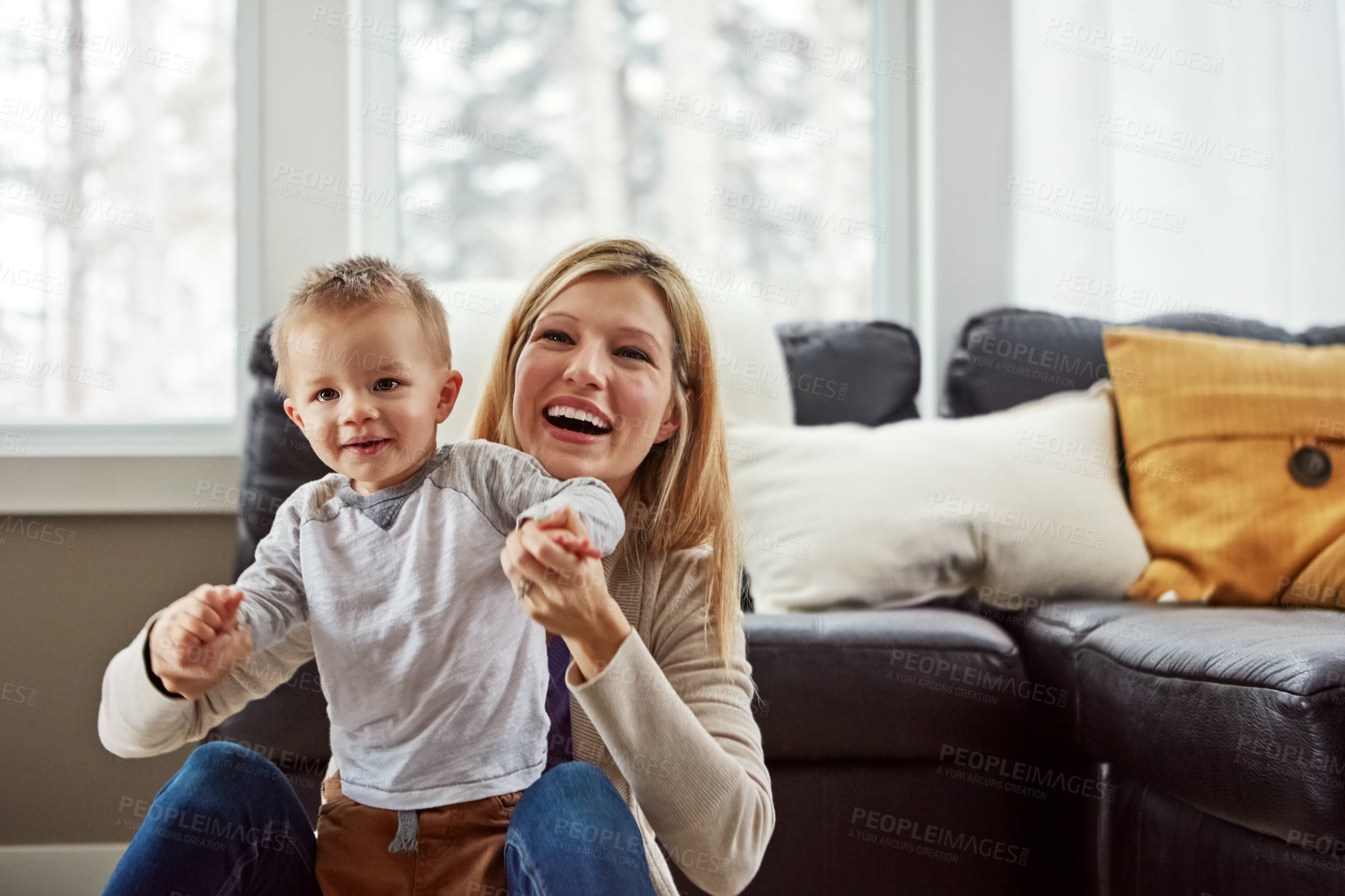 Buy stock photo Baby, development and mother in house with walking or growth of child for first steps in portrait. Toddler, woman and motor skills with support, help and learning from mom for progress or balance