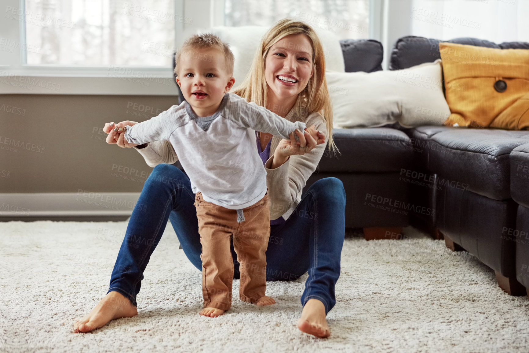 Buy stock photo Baby, mother and development in house with walking or growth of child for first steps in portrait. Woman, toddler and motor skills with support, help and learning from mom for progress or balance