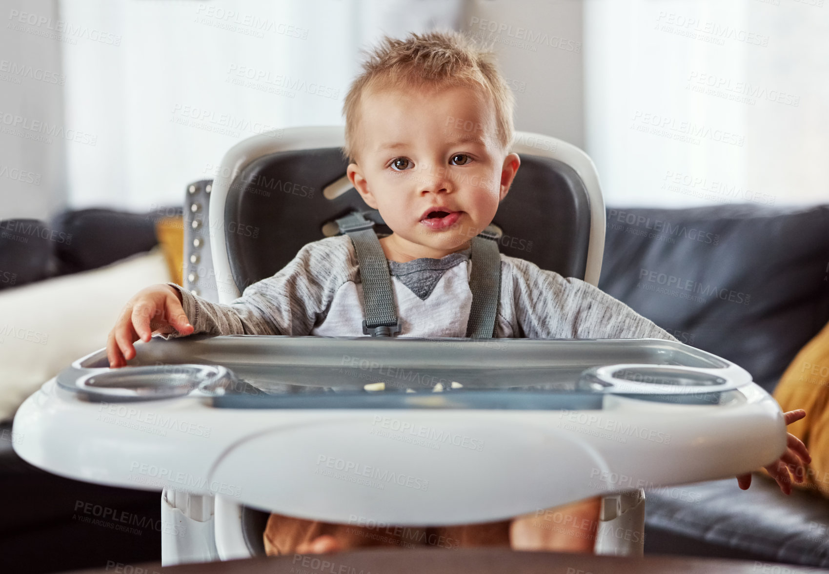 Buy stock photo Boy, breakfast and feeding chair for toddler in the morning prepare to eat porridge. Hungry, baby and child ready to eat a meal, lunch or dinner in family home, apartment or house with kitchen