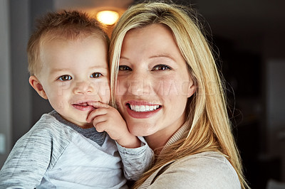 Buy stock photo Baby, portrait and mother in house with hug or smile for motherhood, growth or wellness of child. Woman, happy and cute toddler in home for care, support and bonding together with love and relax