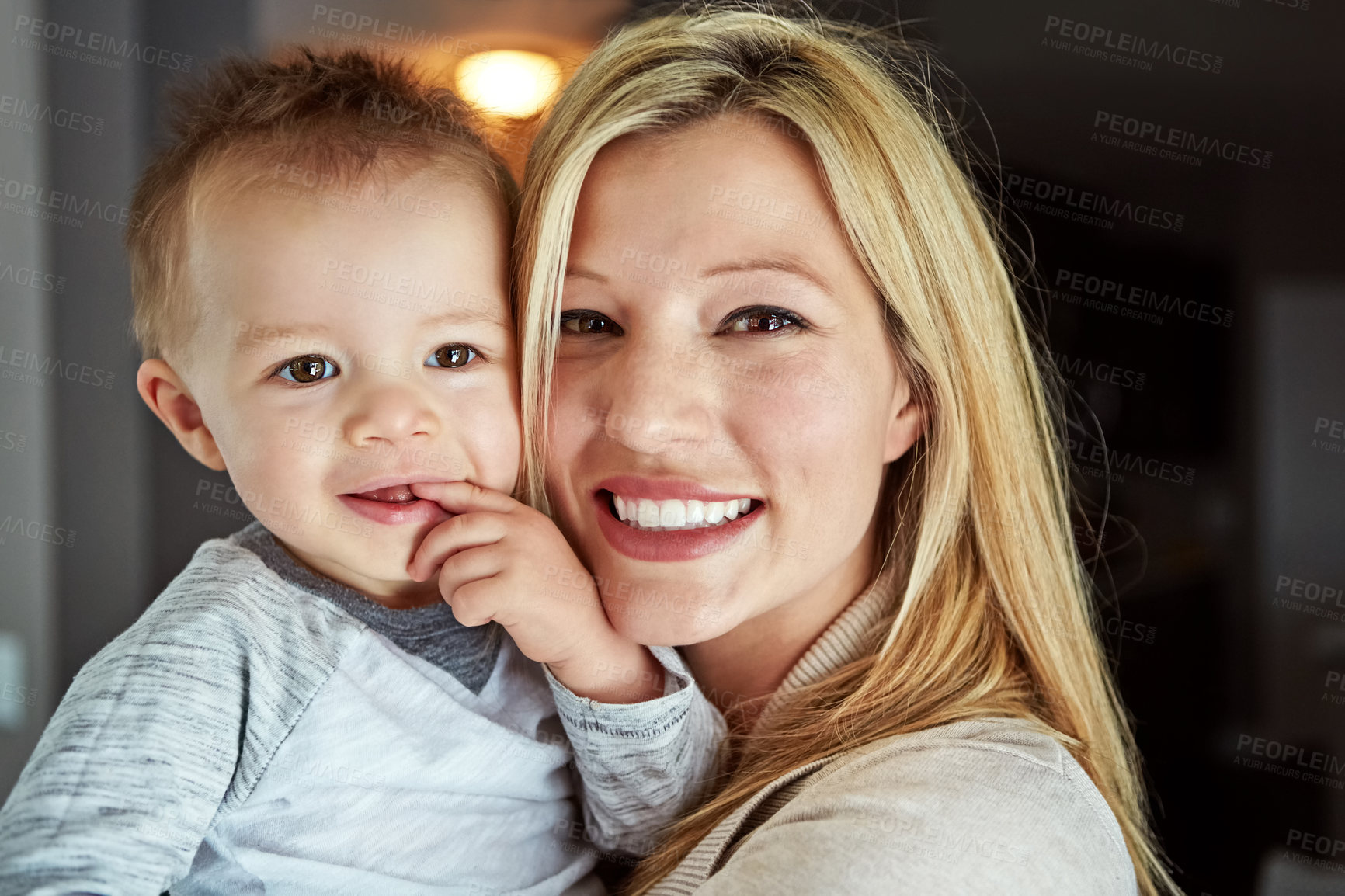 Buy stock photo Baby, portrait and mother in house with hug or smile for motherhood, growth or wellness of child. Woman, happy and cute toddler in home for care, support and bonding together with love and relax