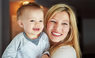 Buy stock photo Baby, smile and mother in house with hug or happiness for motherhood, growth or wellness of child. Woman, joy and cute toddler in home for care, support and bonding together with love and relax