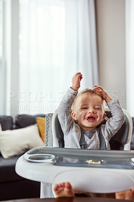 Buy stock photo Baby, meal and feeding chair for toddler in the morning prepare to eat porridge. Hungry, boy and child ready to eat breakfast, lunch or dinner in family home, happiness and house with kitchen