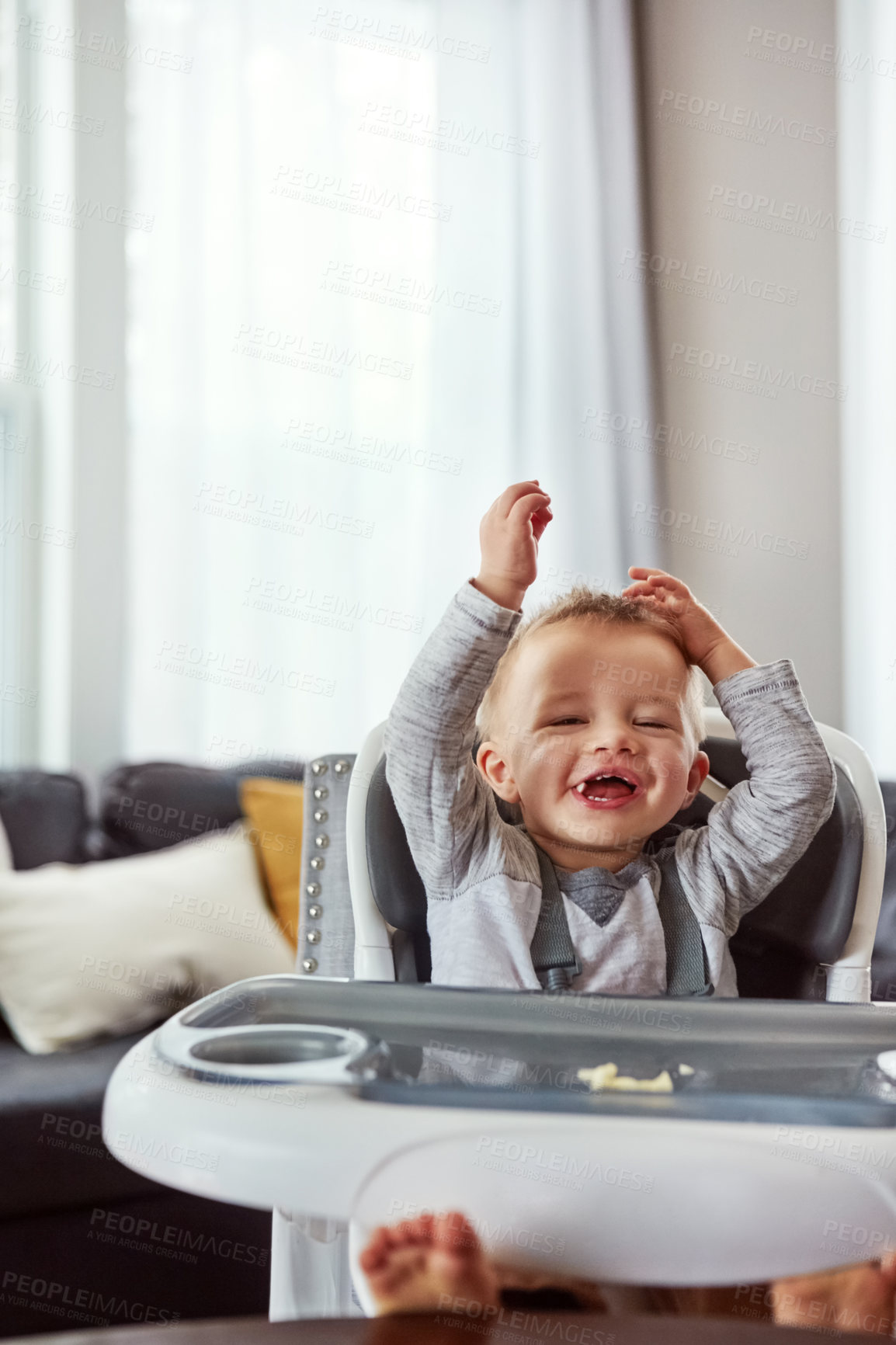 Buy stock photo Baby, meal and feeding chair for toddler in the morning prepare to eat porridge. Hungry, boy and child ready to eat breakfast, lunch or dinner in family home, happiness and house with kitchen