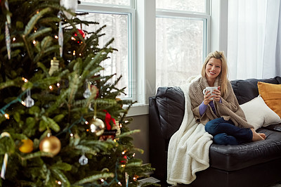 Buy stock photo Christmas, happy woman and coffee on house sofa with smile while thinking of memory. Portrait of lady with hot chocolate or tea cup to relax for festive holiday, season or winter vacation celebration