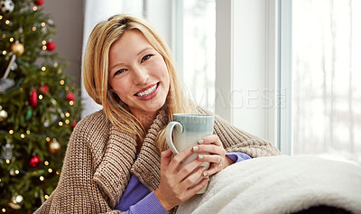 Buy stock photo Christmas, happy woman and tea on home sofa with smile while in living room. Portrait of lady with hot chocolate or coffee cup to relax for festive holiday, season or winter vacation celebration