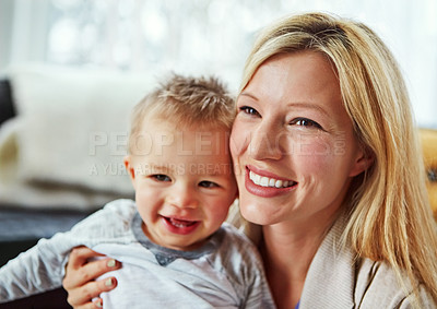 Buy stock photo Baby, smile and mother in house with hug or happiness for motherhood, growth or wellness of child. Toddler, woman and excited in home for care, support and bonding together with love, mom and relax