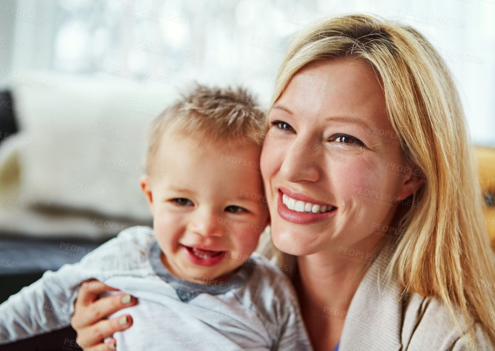 Buy stock photo Baby, smile and mother in house with hug or happiness for motherhood, growth or wellness of child. Toddler, woman and excited in home for care, support and bonding together with love, mom and relax