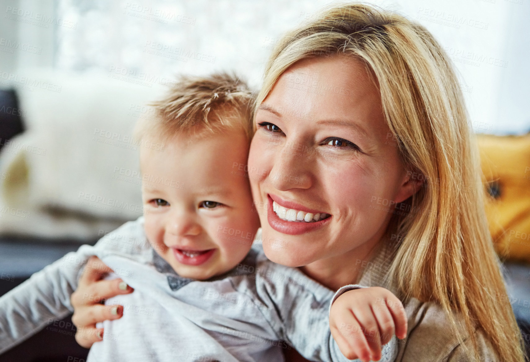 Buy stock photo Baby, mother and smile in house with hug or happiness for motherhood, growth or wellness of child. Toddler, woman and excited in home for care, support and bonding together with love, mom and relax