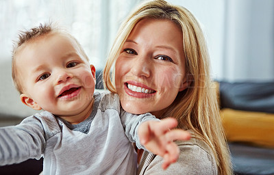 Buy stock photo Mother, baby and portrait in house with hug or happiness for growth, motherhood or wellness of child. Toddler, woman and smile in home for care and bonding together with development, love and relax