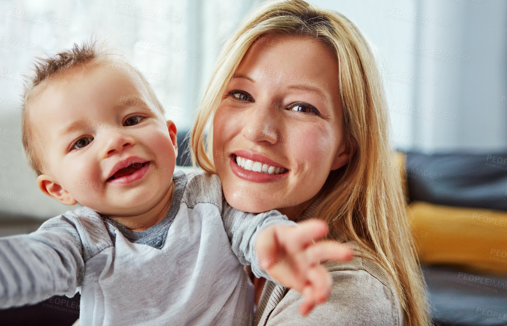 Buy stock photo Mother, baby and portrait in house with hug or happiness for growth, motherhood or wellness of child. Toddler, woman and smile in home for care and bonding together with development, love and relax