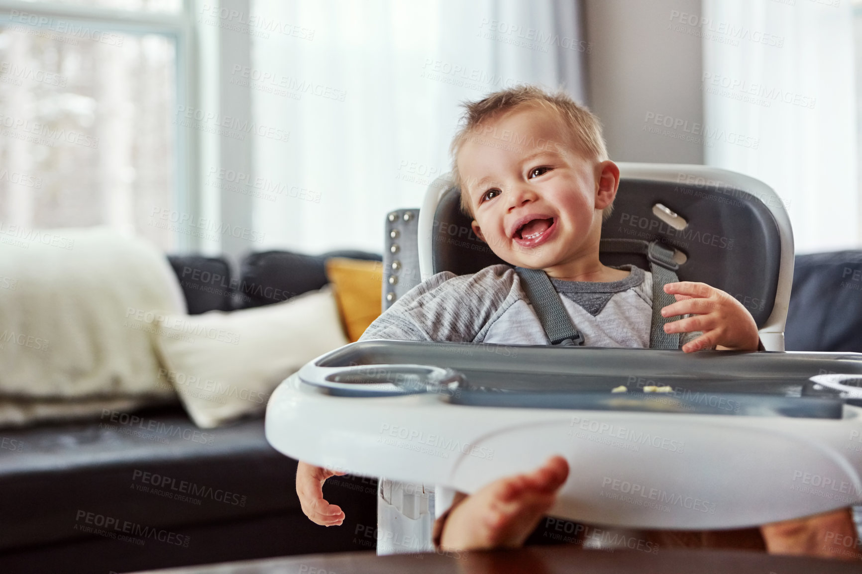 Buy stock photo Childhood, breakfast and feeding chair for toddler in the morning prepare to eat porridge. Hungry, baby boy or child ready to eat meal, lunch or dinner in family home, apartment or house with kitchen