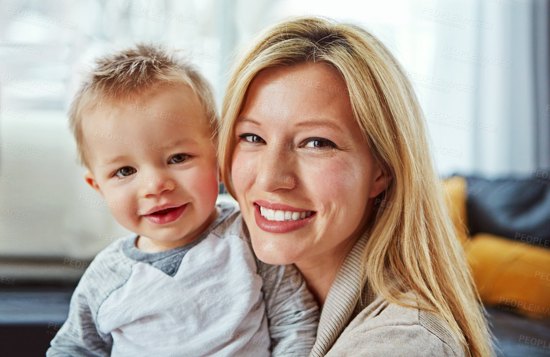 Buy stock photo Mother, baby and portrait in house with hug or happiness for motherhood, growth or wellness of child. Toddler, woman and smile in home for care and bonding together with love, development and relax