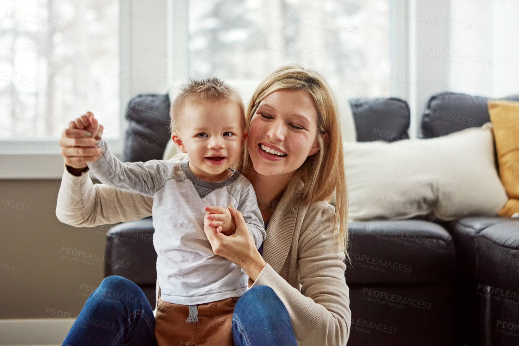 Buy stock photo Baby, mother and development in house with walking or growth of child for first steps in portrait. Toddler, woman and motor skills with learning, help and support from mom for progress or balance