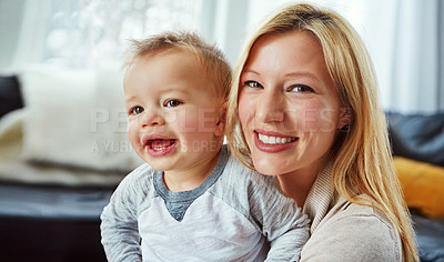 Buy stock photo Portrait, baby and mother in house with hug or happiness for motherhood, growth or wellness of child. Toddler, woman and smile in home for care, support and bonding together with love and relax