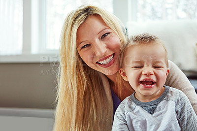 Buy stock photo Portrait, baby and mother in house with hug or happiness for motherhood, growth or wellness of child. Woman, toddler and smile in home for care, support and bonding together with love and relax