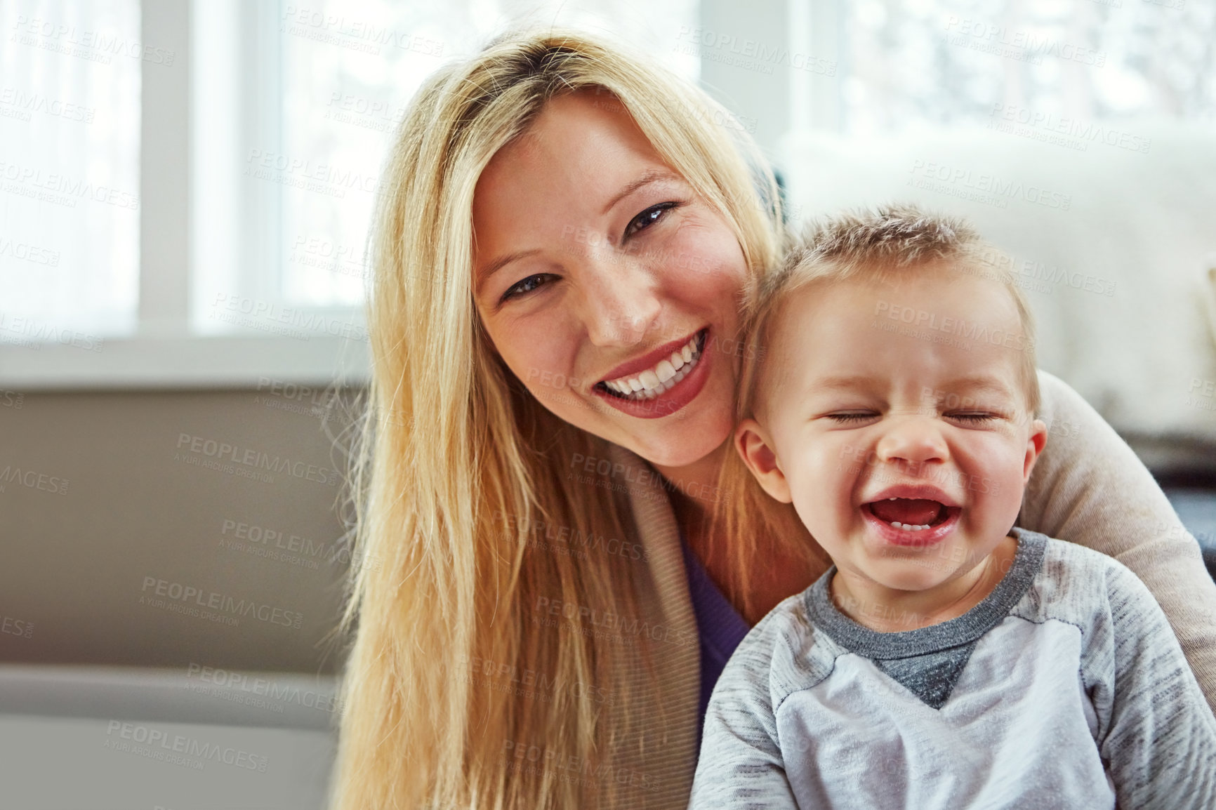 Buy stock photo Portrait, baby and mother in house with hug or happiness for motherhood, growth or wellness of child. Woman, toddler and smile in home for care, support and bonding together with love and relax