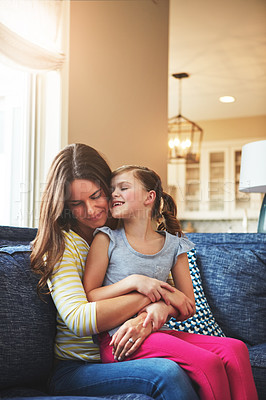 Buy stock photo Love, woman and child for hug on sofa house of trust, bonding and support of relationship moment. Smile, mother and girl as family for care, security or relax with embrace on couch for childhood