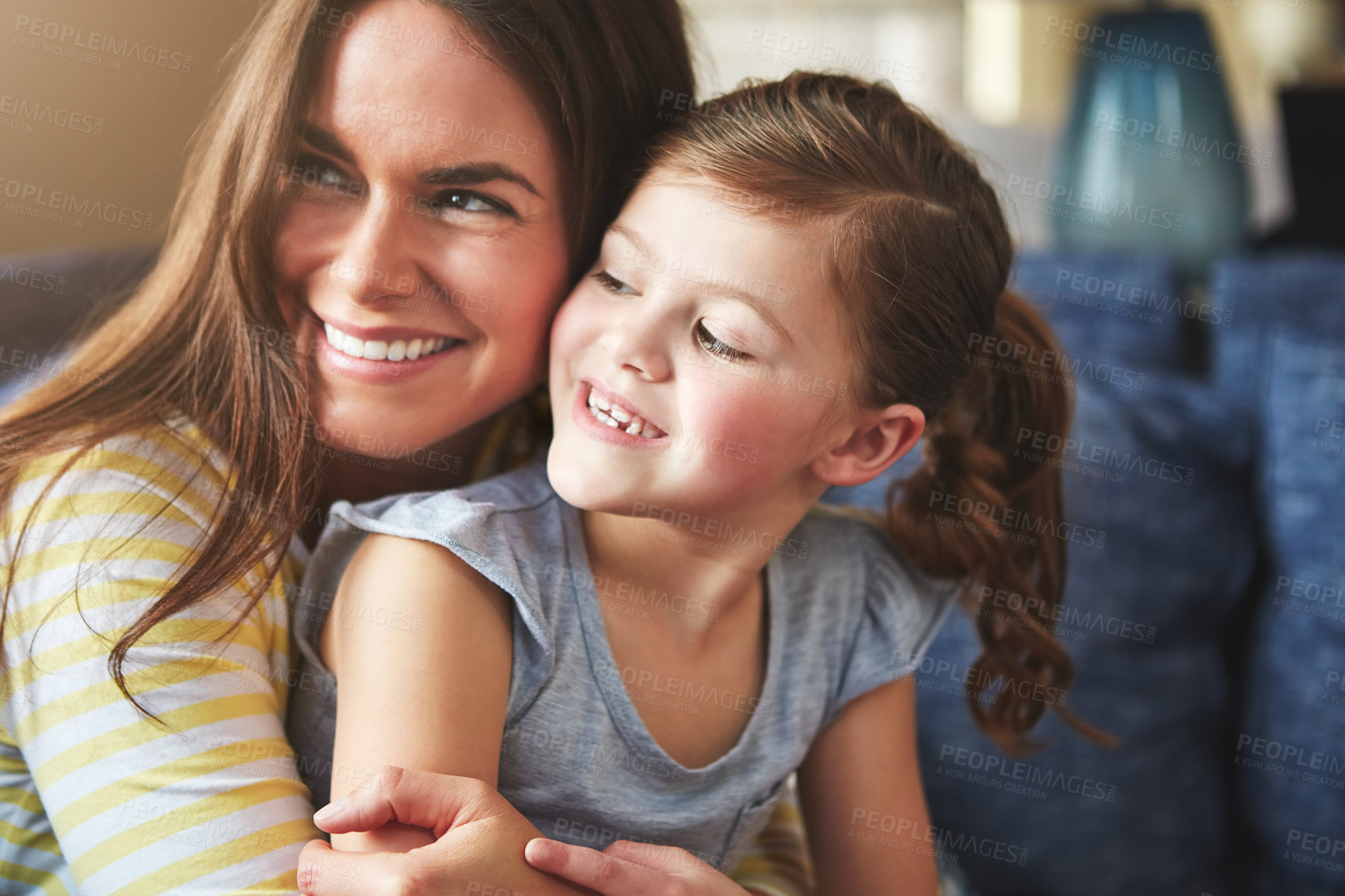 Buy stock photo Thinking, woman and child hug at house with smile for safety, security or love of kid childhood development. Mother, girl and happy with kindness, bonding and relax for care of relationship memory