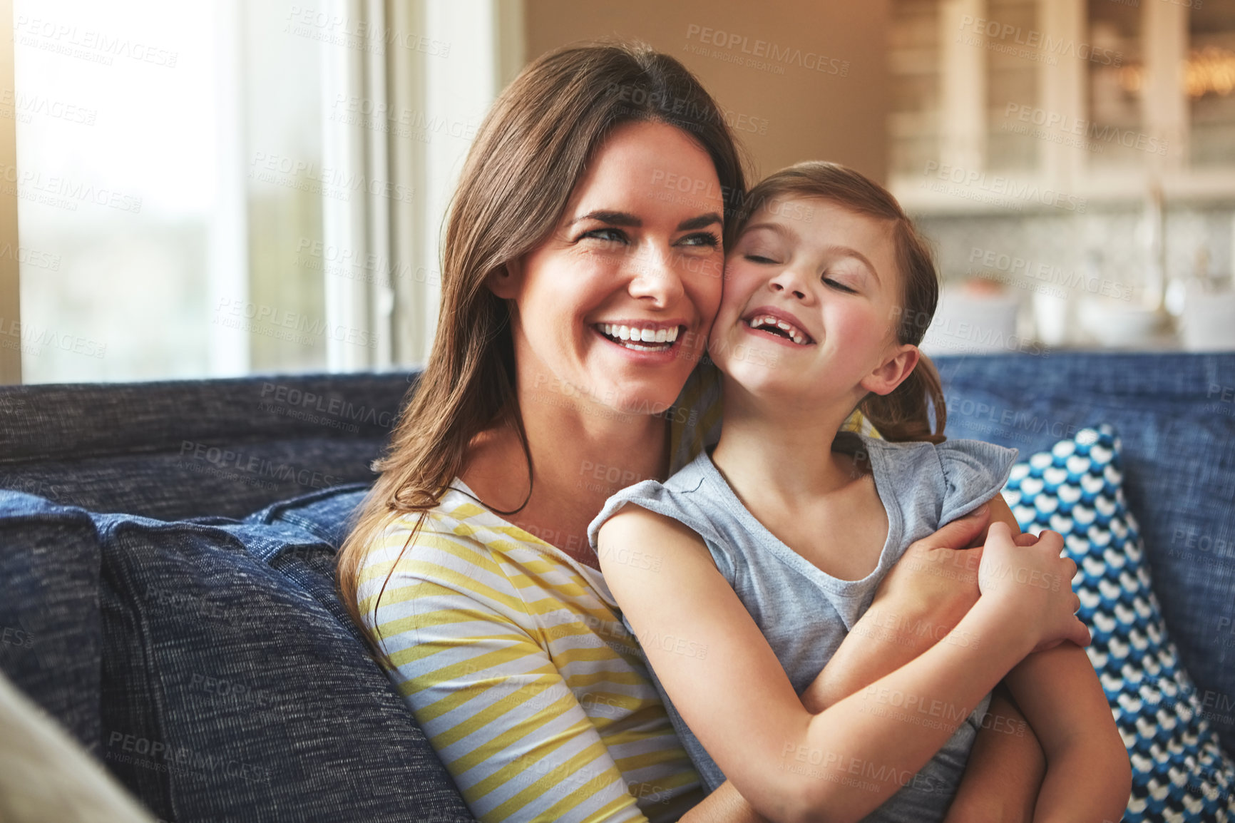 Buy stock photo Hug, love and woman or child on sofa house for trust, bonding and support of relationship memory. Smile, mother and girl as family for care, security or relax with embrace on couch for development