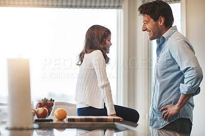 Buy stock photo Father, girl and counter in kitchen for talking, love and support for relationship in home. Daddy, daughter and together for care or security and happy, speaking and bonding in family house for trust