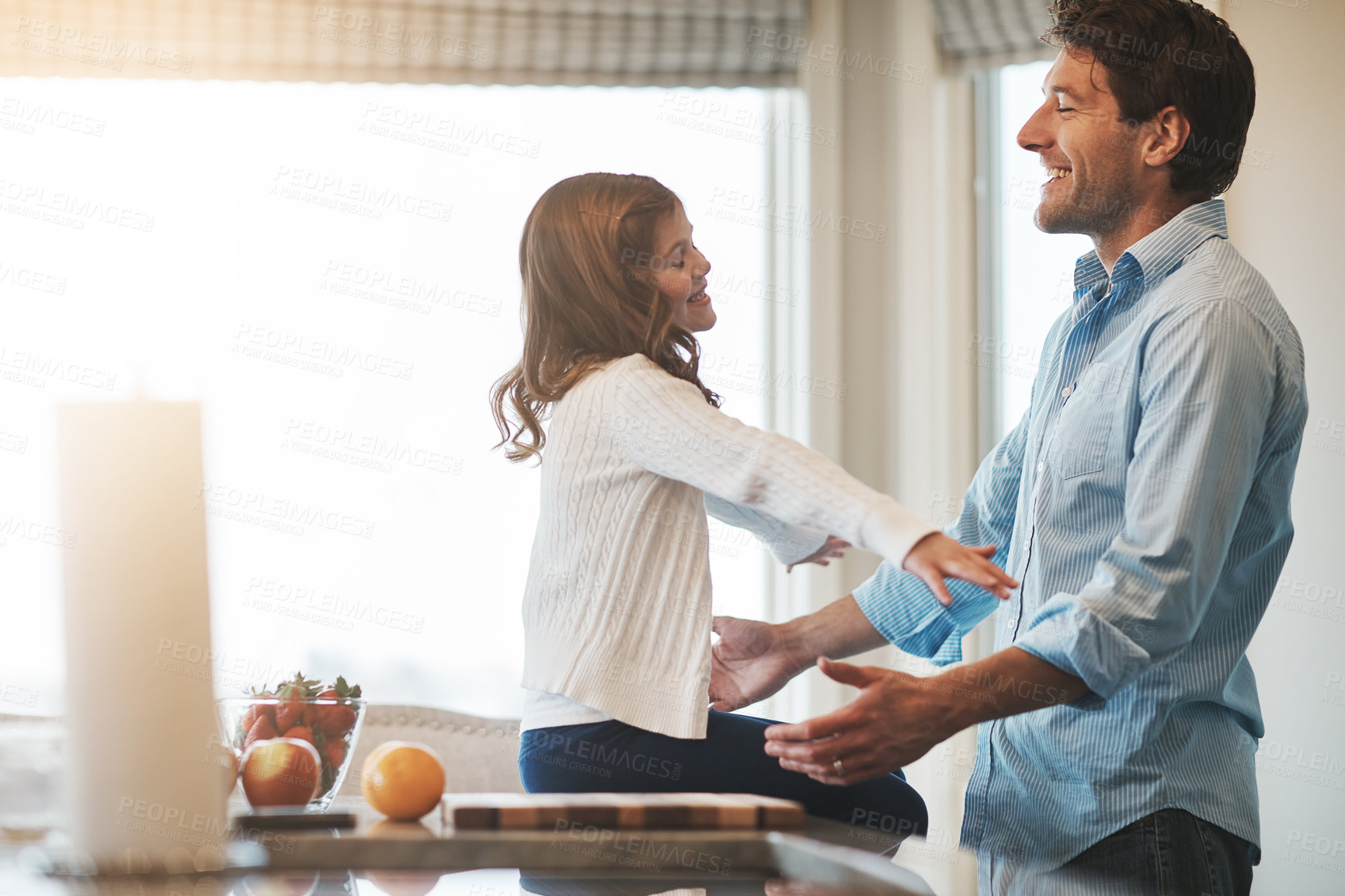 Buy stock photo Father, girl and comfort in kitchen for talking, trust and support for relationship in home. Daddy, daughter and together for care or security and embrace, speaking and bonding in family house