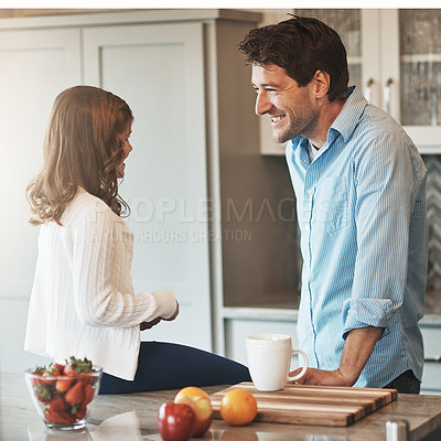 Buy stock photo Father, girl and smile in kitchen for conversation, love and support for relationship in home. Daddy, daughter and together for care or security and happy, talk and bonding in family house on table