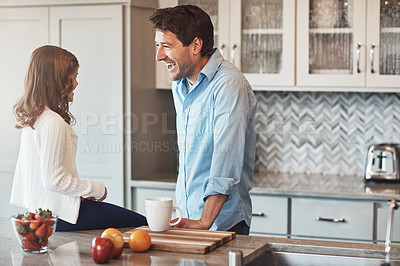 Buy stock photo Father, girl and laugh in kitchen for talk, love and support for relationship in home. Daddy, daughter and together for care or security and funny joke, comedy and bonding in family house for humor