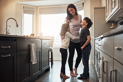 Buy stock photo Mother, children and hug in kitchen for conversation, love and support for relationship in home. Mommy, kids and together in embrace for talking or security, speaking and bonding in family house