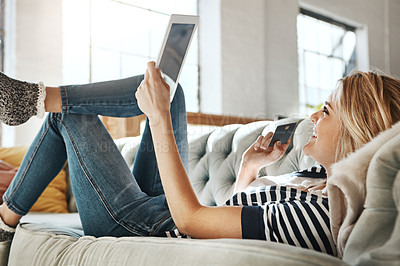 Buy stock photo Woman, tablet and credit card with smile for online shopping, ecommerce or internet banking on living room sofa at home. Female shopper banking on touchscreen with bank card for purchase, app or sale