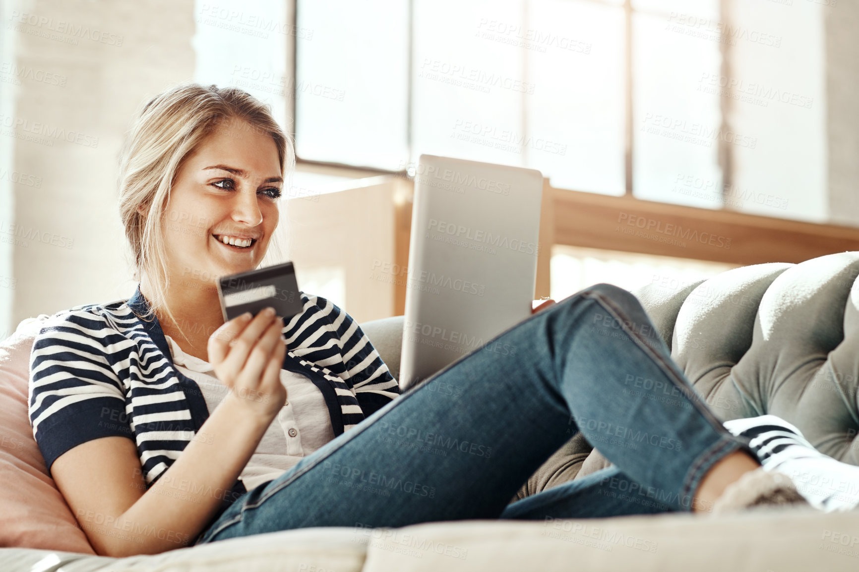 Buy stock photo Credit card, sofa or happy woman with laptop for payment on ecommerce application for discount or banking. Home, financial and customer online shopping with purchase order on internet or fintech 