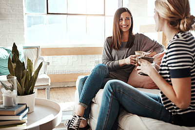 Buy stock photo Friends have coffee, women relax and talking, social get together with catch up chat and communication. Happy people, content and conversation, drink espresso with lifestyle and wellness in lounge