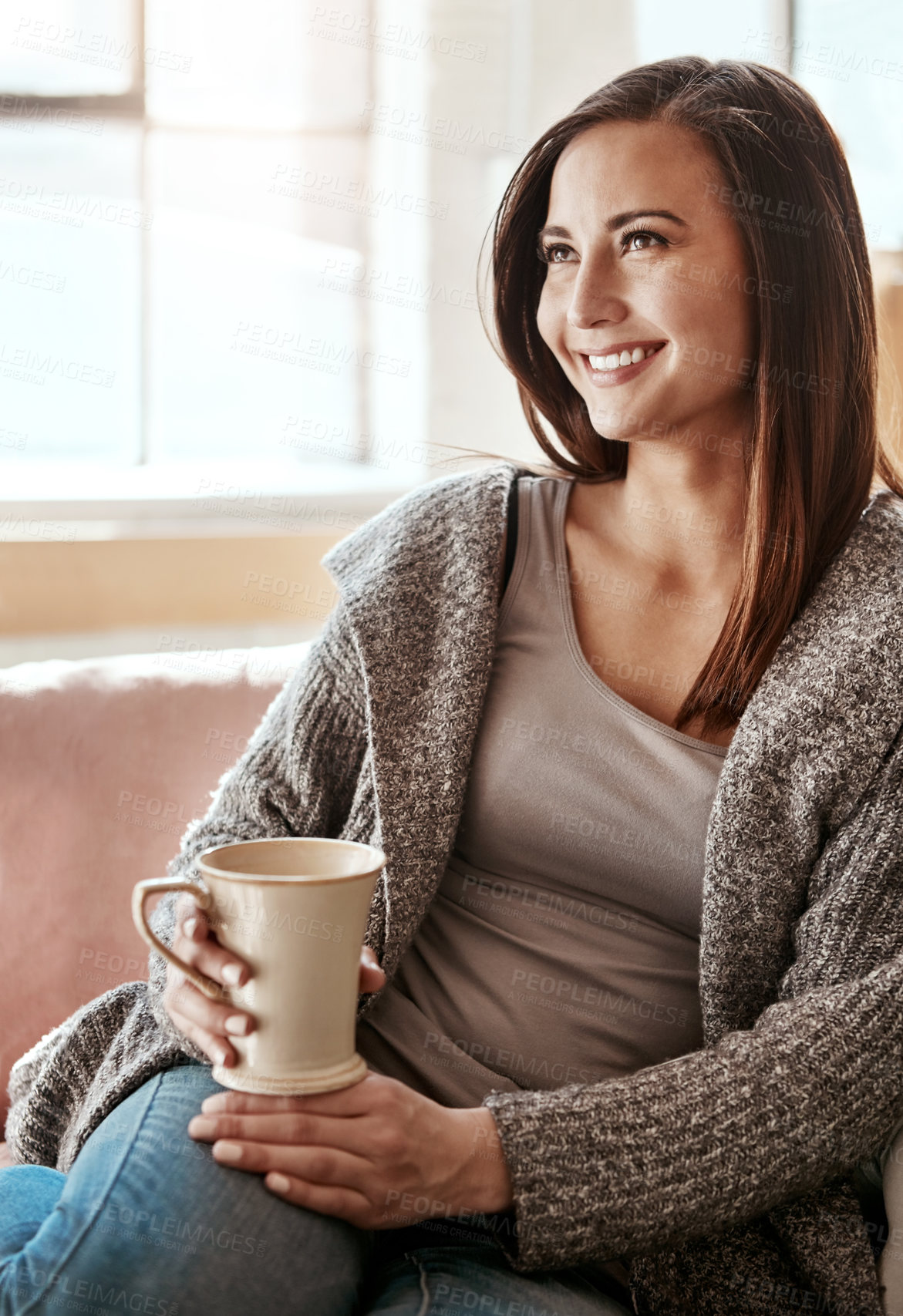 Buy stock photo Morning coffee, woman and living room lounge with a person happy and relax at home. Tea drink, calm lifestyle and female on a house couch with happiness on a weekend feeling calm with a smile 