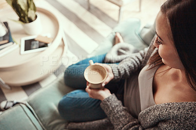 Buy stock photo Woman, relax and sofa with coffee above for morning, drink or caffeine in living room at home. Top view of young female person with mug for warm beverage, cappuccino or latte on lounge couch at house