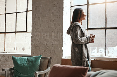 Buy stock photo Relax, coffee and woman looking out window from her home, thinking and daydreaming on a quiet morning. Daydream, tea and girl staring, contemplating and resting in her her living room on the weekend