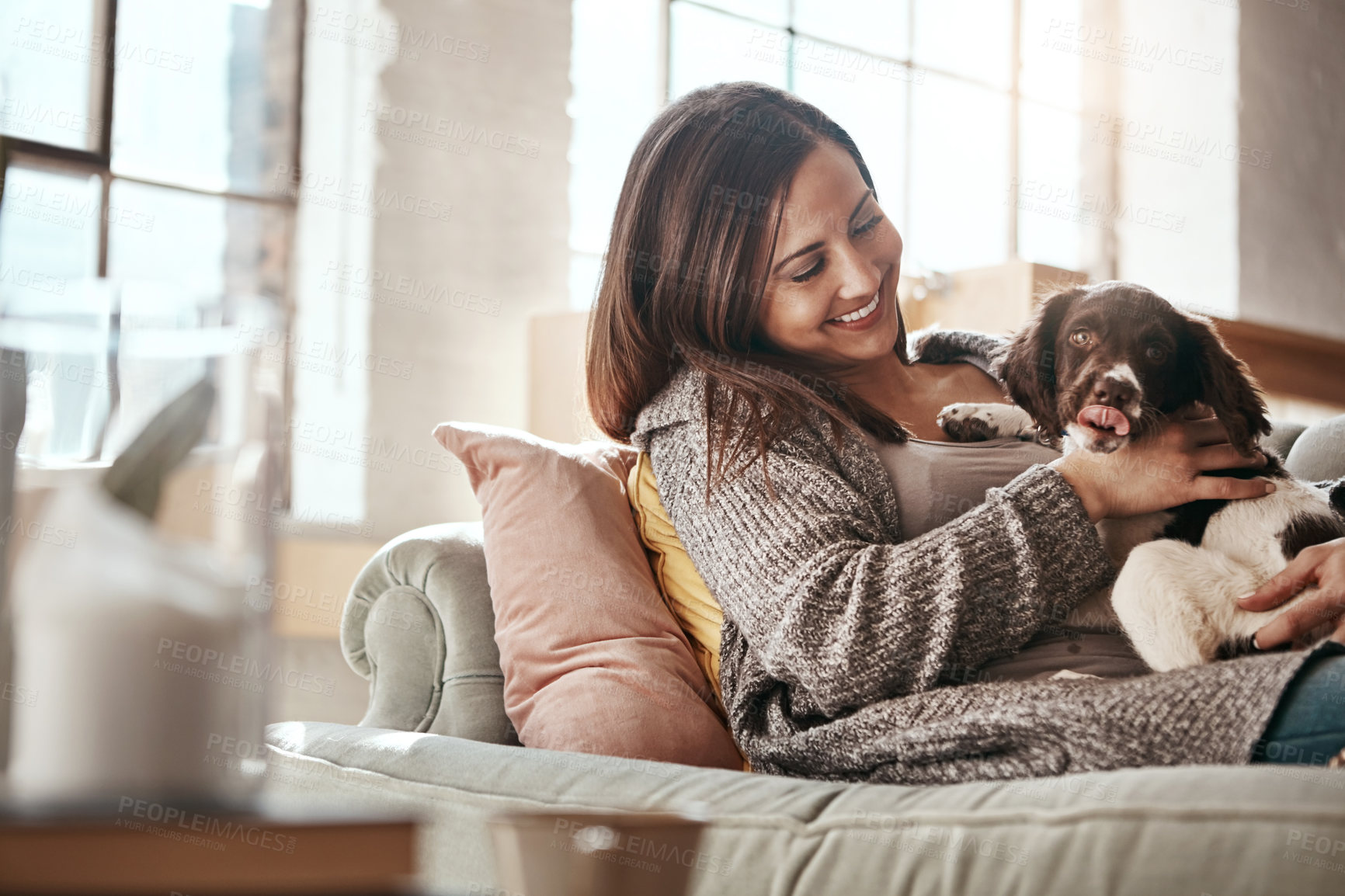 Buy stock photo Woman relax on couch, relax and content at home with pet
and happy together with peace and care in living room. Happy woman with puppy, cuddle on sofa and love for animals with smile and happiness