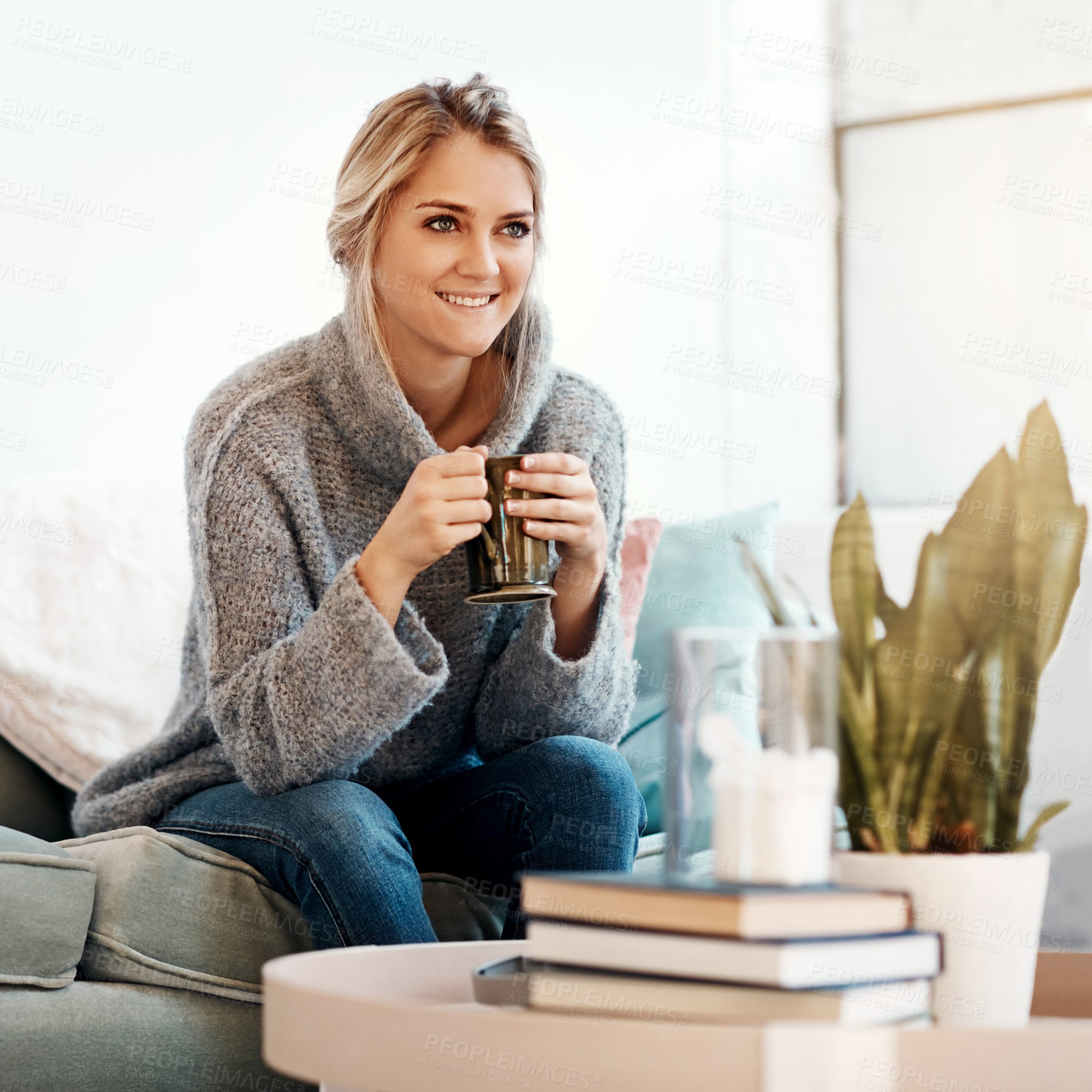 Buy stock photo Woman relax in living room, coffee and smile, peace on sofa and content at home with lifestyle and happiness. Female in apartment, happy woman and coffee cup, positive energy and wellness mindset