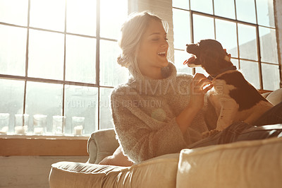 Buy stock photo Woman, dog and on couch in living room, happiness and sunshine with girl, happiness and bonding at home. Female, lady and pet on sofa in lounge, relax and weekend on break, happy or sunlight in house