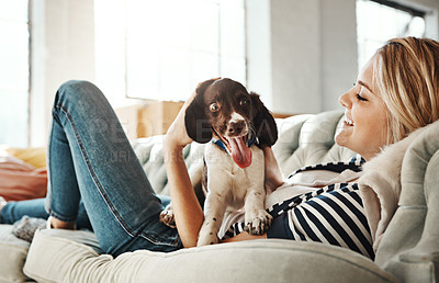 Buy stock photo Woman, sofa and holding dog in house, living room and love with care, relax and happy pet friendship. Girl, couch and puppy with smile, happiness and bonding while together for quality time in lounge