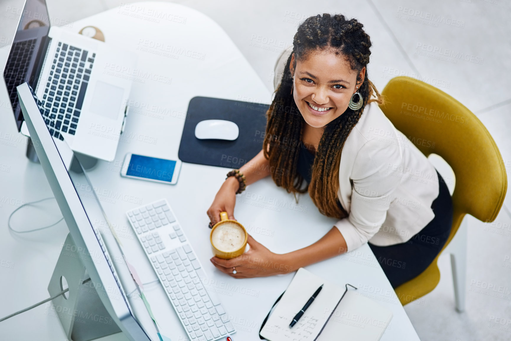 Buy stock photo Top view, coffee and portrait of business woman by computer for creative content writing in social media agency. Smile, tea or person working at desk on break with drink or latte in startup in Brazil