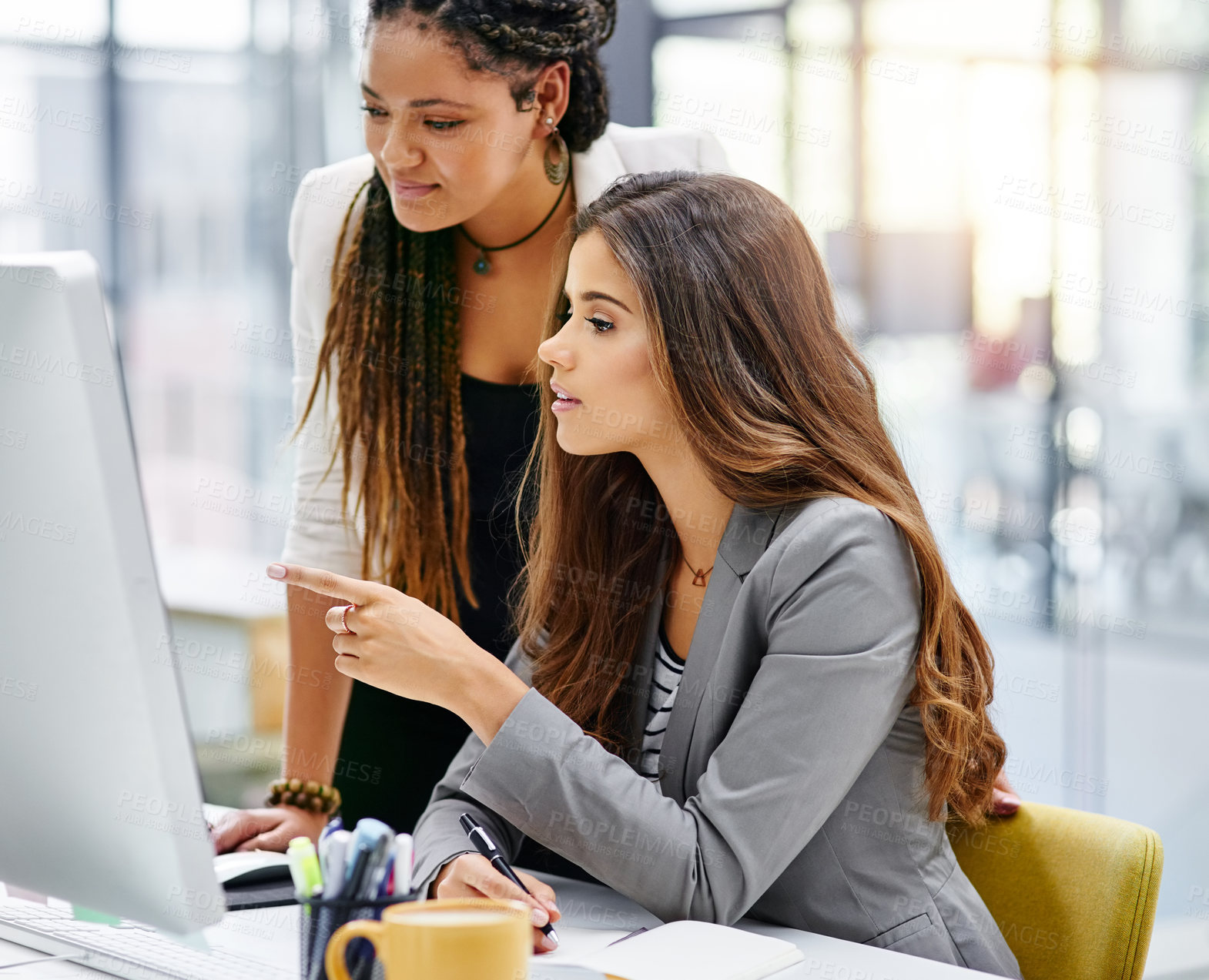Buy stock photo Office, businesswomen and mentor with computer for help, proofreading and news story for publication. Team, editor and journalist intern with tech for corporate article, editing and question for blog