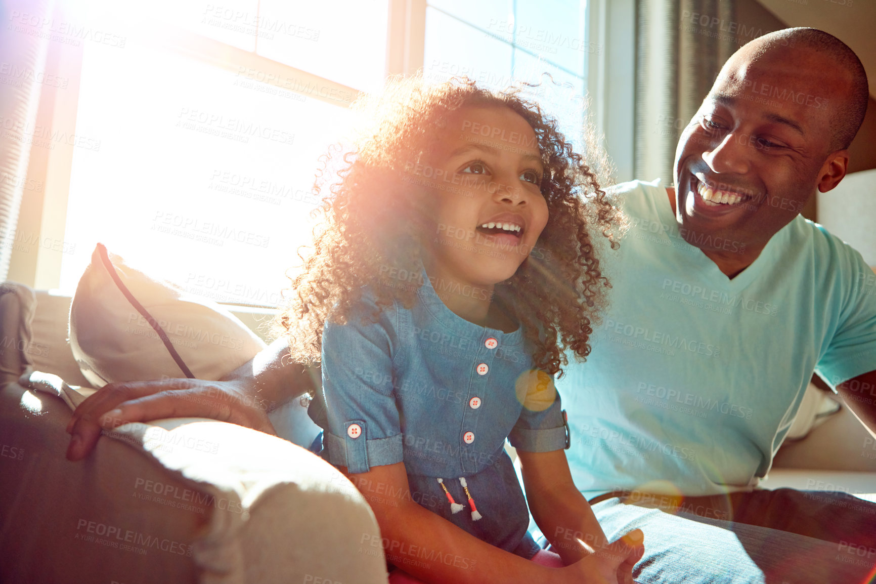 Buy stock photo Break, talking or thinking with father and daughter on sofa in living room of home for conversation. Advice, ideas and flare with single parent man speaking to girl child in apartment for development