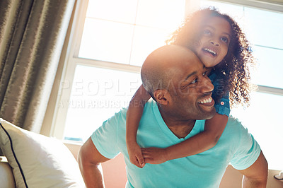 Buy stock photo Sofa, father and child with piggyback in home for bonding, playful and enjoying together in weekend. Happy family, dad and daughter in couch for support, hug and healthy connection with parent love