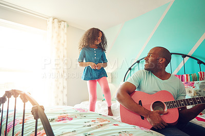 Buy stock photo Girl, father and guitar in bedroom at home for playing, having fun or bonding together with concert. House, musical instrument or entertainment with dad musician with skill, sound and child listening